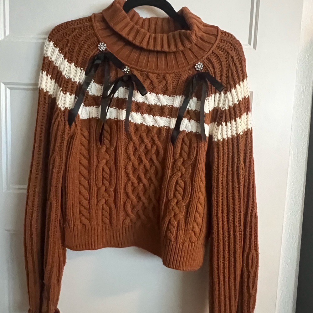 Anthropologie Maeve sz M  Rust Cable-Knit Turtleneck Sweater with Cream Stripes